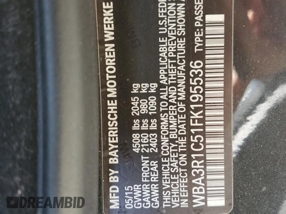 2015 BMW 4 Series 435i with VIN WBA3R1C51FK195536, listed as a Copart auction lot 57846985 with 105,626 mi miles and Salvage title. Bid and sale history available at DreamBid. Image 12.