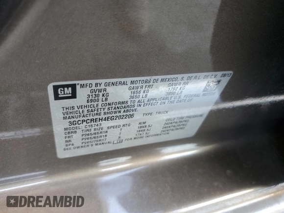 2014 Chevrolet Silverado 1500 LT with VIN 3GCPCREH4EG202206, listed as a Copart auction lot 50190225 with 182,800 mi miles and Salvage Title. Bid and sale history available at DreamBid. Image 15.