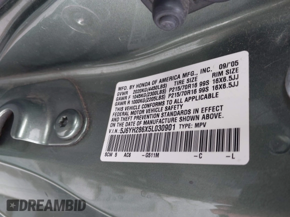 2005 Honda Element EX with VIN 5J6YH286X5L030901, listed as a IAAI auction lot 41959944 with 154,295 mi miles and . Bid and sale history available at DreamBid. Image 9.
