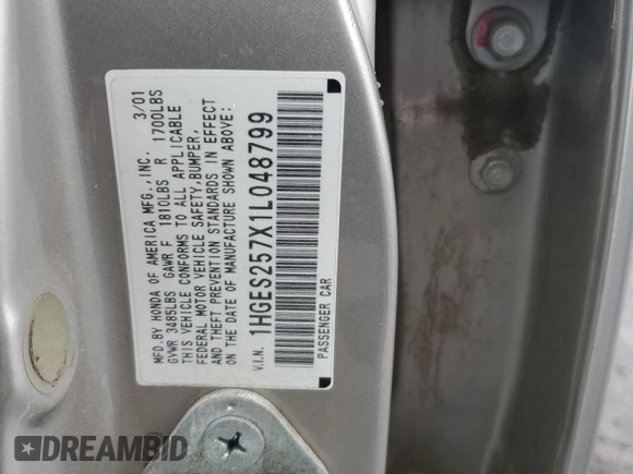 2001 Honda Civic EX with VIN 1HGES257X1L048799, listed as a Copart auction lot 51830975 with 201,051 mi miles and Salvage Title. Bid and sale history available at carsss.com. Image 13.