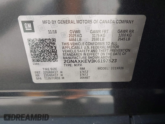 2019 Chevrolet Equinox LT with VIN 2GNAXKEV3K6197523, listed as a IAAI auction lot 42392477 with 63,218 mi miles and . Bid and sale history available at DreamBid. Image 9.