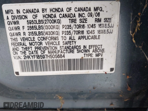 2007 Honda Pilot EX-L with VIN 2HKYF18597H505684, listed as a IAAI auction lot 42635027 with Not provided miles and . Bid and sale history available at DreamBid. Image 9.