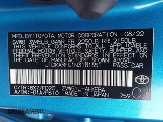 2022 Toyota Prius L Eco z VIN JTDKAMFU1N3181851, wystawiony jako IAAI lot #42378503 z przebiegiem 36 413 mil mil oraz . Historia ofert i sprzedaży dostępna na DreamBid. Obrazek 9.