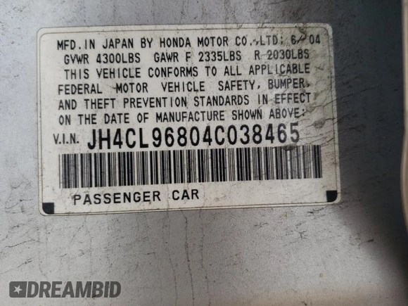 2004 Acura TSX with VIN JH4CL96804C038465, listed as a Copart auction lot 59742455 with 214,215 mi miles and Salvage title. Bid and sale history available at DreamBid. Image 13.