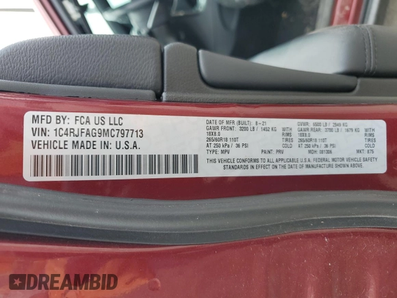 2021 Jeep Grand Cherokee Laredo X с VIN 1C4RJFAG9MC797713, выставлен на аукционе Copart как лот 58800035 с пробегом 57 289 миль миль и Списание • Salvage title. История ставок и продаж доступна на DreamBid. Изображение 13.