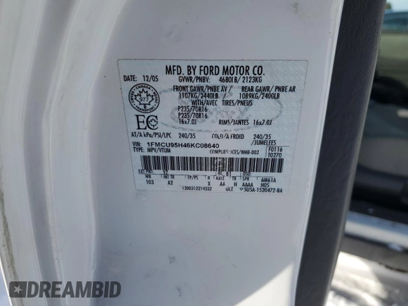 2006 Ford Escape Hybrid с VIN 1FMCU95H46KC08640, выставлен на аукционе Copart как лот 43151355 с пробегом 251 266 миль миль и Чистый • Clean title. История ставок и продаж доступна на DreamBid. Изображение 13.