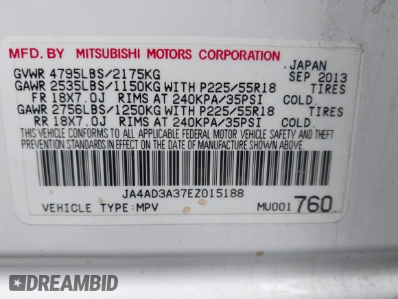2014 Mitsubishi Outlander SE z VIN JA4AD3A37EZ015188, wystawiony jako IAAI lot #42281043 z przebiegiem 116 876 mil mil oraz . Historia ofert i sprzedaży dostępna na DreamBid. Obrazek 9.