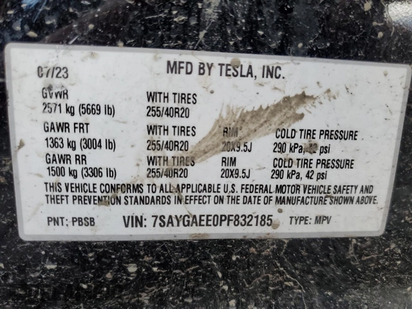 2023 Tesla Model Y Long Range with VIN 7SAYGAEE0PF832185, listed as a Copart auction lot 85159764 with Not Provided miles and Salvage Title. Bid and sale history available at DreamBid. Image 13.