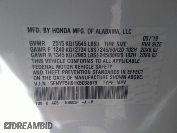 2019 Honda Pilot Touring 8-Passenger with VIN 5FNYF5H91KB038679, listed as a IAAI auction lot 40200012 with 70,582 mi miles. Bid and sale history available at carsss.com. Image 9.