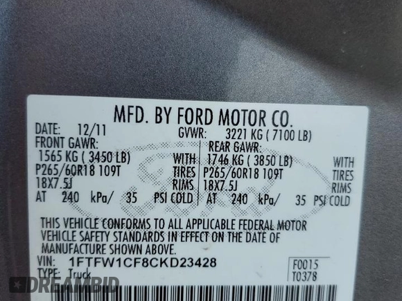 2012 Ford F-150 XL z VIN 1FTFW1CF8CKD23428, wystawiony jako Copart lot #53680595 z przebiegiem 225 988 mil mil oraz Szkody całkowita. Historia ofert i sprzedaży dostępna na DreamBid. Obrazek 12.