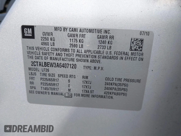 2010 GMC Terrain SLE-1 with VIN 2CTALBEW3A6407120, listed as a IAAI auction lot 41490505 with 188,906 mi miles. Bid and sale history available at carsss.com. Image 9.