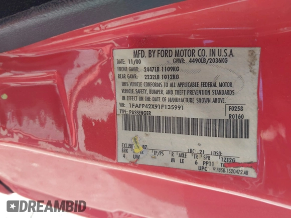 2001 Ford Mustang GT Deluxe с VIN 1FAFP42X91F135991, выставлен на аукционе IAAI как лот 42058767 с пробегом 187 461 миль миль и . История ставок и продаж доступна на DreamBid. Изображение 9.