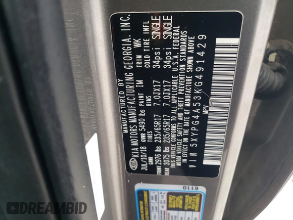 2019 Kia Sorento S V6 with VIN 5XYPG4A53KG491429, listed as a Copart auction lot 49137655 with 138,492 mi miles and Salvage Title. Bid and sale history available at carsss.com. Image 13.