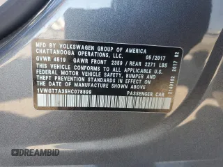 2017 Volkswagen Passat SE z VIN 1VWGT7A35HC078899, wystawiony jako Copart lot #55057695 z przebiegiem 45 620 mil mil oraz Szkoda całkowita • Salvage title. Historia ofert i sprzedaży dostępna na DreamBid. Obrazek 13.