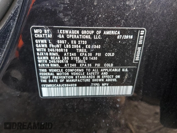 2018 Volkswagen Atlas 3.6L V6 SEL with VIN 1V2MR2CA8JC584928, listed as a Copart auction lot 45660995 with 166,690 mi miles and Salvage Title. Bid and sale history available at carsss.com. Image 12.