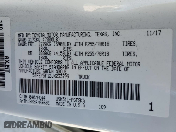 2018 Toyota Tundra 2WD SR5 with VIN 5TFEY5F12JX233799, listed as a Copart auction lot 82091024 with 105,972 mi miles and Non Repairable. Bid and sale history available at carsss.com. Image 14.