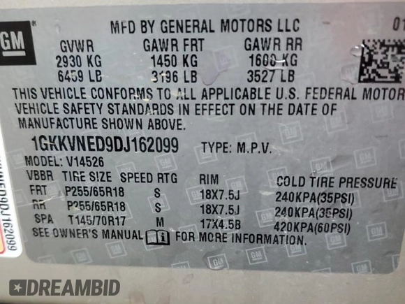 2013 GMC Acadia SLE with VIN 1GKKVNED9DJ162099, listed as a Copart auction lot 77228194 with 255,911 mi miles and Clean Title. Bid and sale history available at DreamBid. Image 13.
