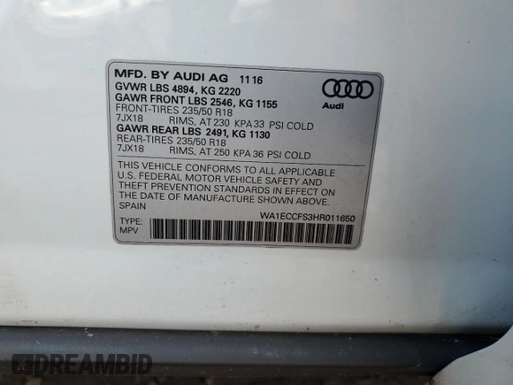 2017 Audi Q3 Premium with VIN WA1ECCFS3HR011650, listed as a Copart auction lot 59007505 with 67,728 mi miles and Salvage title. Bid and sale history available at DreamBid. Image 14.