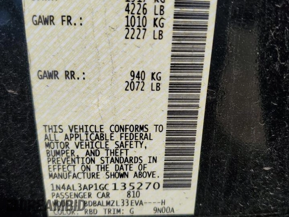 2016 Nissan Altima SR with VIN 1N4AL3AP1GC135270, listed as a Copart auction lot 53209295 with 119,273 mi miles and Salvage Title. Bid and sale history available at DreamBid. Image 12.