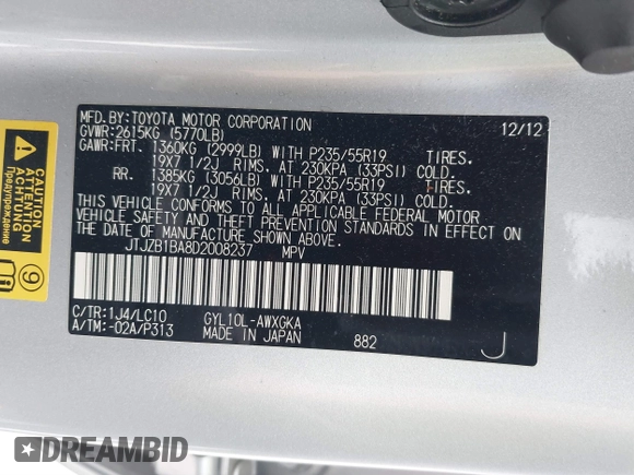 2013 Lexus RX 450h with VIN JTJZB1BA8D2008237, listed as a IAAI auction lot 41574651 with 106,732 mi miles and . Bid and sale history available at DreamBid. Image 9.