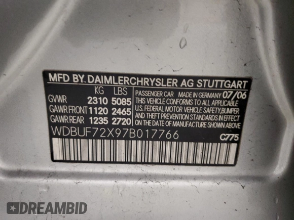 2007 Mercedes-Benz E 550 with VIN WDBUF72X97B017766, listed as a Copart auction lot 48523515 with 299,578 mi miles and Salvage Title. Bid and sale history available at DreamBid. Image 12.