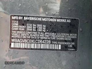 2020 BMW 8 Series M850i with VIN WBAGV8C0XLCD64228, listed as a Copart auction lot 60908315 with 67,643 mi miles and Salvage title. Bid and sale history available at DreamBid. Image 13.