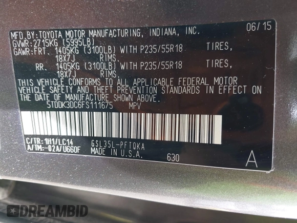 2015 Toyota Sienna Limited with VIN 5TDDK3DC6FS111675, listed as a IAAI auction lot 42240747 with 124,967 mi miles and . Bid and sale history available at DreamBid. Image 9.