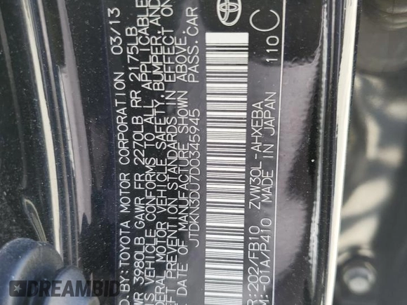 2013 Toyota Prius One z VIN JTDKN3DU7D0345945, wystawiony jako Copart lot #57703325 z przebiegiem Nie podano mil oraz Szkoda całkowita • Salvage title. Historia ofert i sprzedaży dostępna na DreamBid. Obrazek 12.