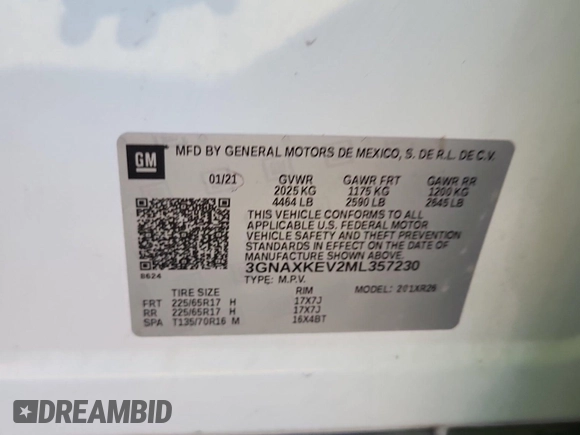2021 Chevrolet Equinox LT with VIN 3GNAXKEV2ML357230, listed as a IAAI auction lot 42444915 with 116,639 mi miles and . Bid and sale history available at DreamBid. Image 1.