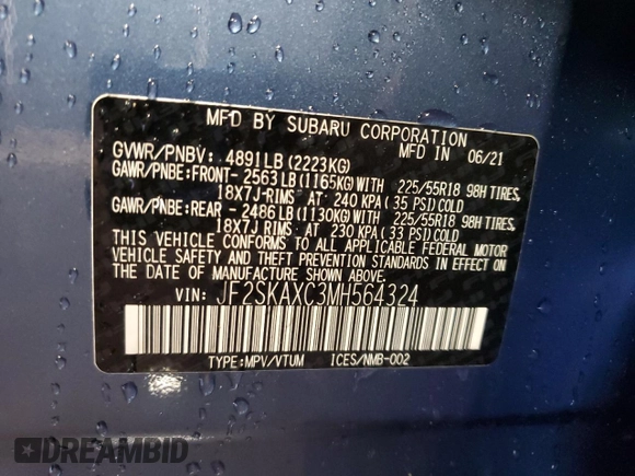 2021 Subaru Forester Touring с VIN JF2SKAXC3MH564324, выставлен на аукционе Copart как лот 52640525 с пробегом 46 657 миль миль и Списание • Salvage title. История ставок и продаж доступна на DreamBid. Изображение 13.