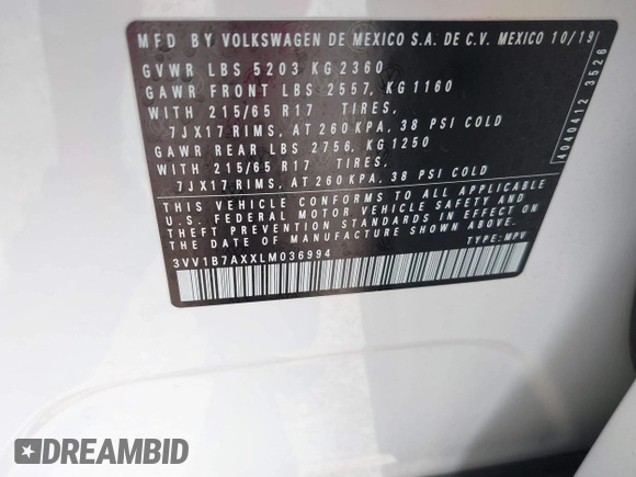 2020 Volkswagen Tiguan S with VIN 3VV1B7AXXLM036994, listed as a IAAI auction lot 42643035 with 62,676 mi miles and . Bid and sale history available at DreamBid. Image 9.