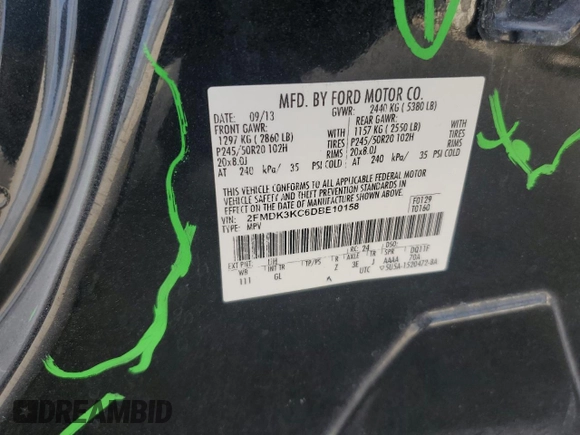 2013 Ford Edge Limited with VIN 2FMDK3KC6DBE10158, listed as a Copart auction lot 60665775 with 126,022 mi miles and Salvage title. Bid and sale history available at DreamBid. Image 14.