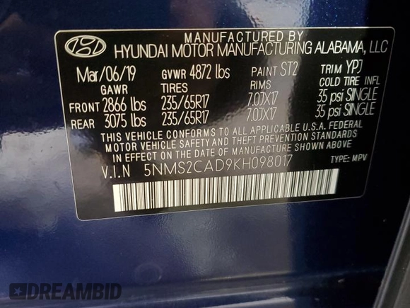 2019 Hyundai Santa Fe SE with VIN 5NMS2CAD9KH098017, listed as a Copart auction lot 64760335 with 48,456 mi miles and Salvage title. Bid and sale history available at DreamBid. Image 14.