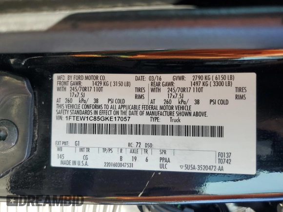 2016 Ford F-150 XLT with VIN 1FTEW1C85GKE17057, listed as a Copart auction lot 55688715 with 94,637 mi miles and Salvage title. Bid and sale history available at DreamBid. Image 12.