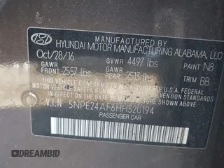 2017 Hyundai Sonata 2.4L with VIN 5NPE24AF6HH520194, listed as a IAAI auction lot 41339969 with Not Provided miles and . Bid and sale history available at DreamBid. Image 9.