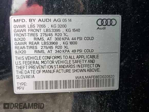 2014 Audi Q7 Premium Plus with VIN WA1LMAFE8ED020520, listed as a Copart auction lot 58448755 with 139,135 mi miles and Clean title. Bid and sale history available at DreamBid. Image 12.