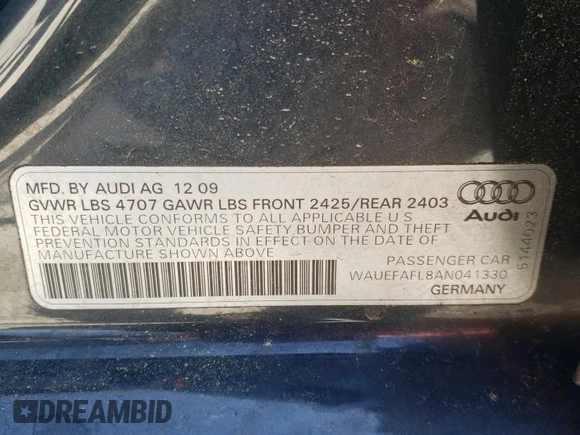 2010 Audi A4 2.0T Premium Plus with VIN WAUEFAFL8AN041330, listed as a Copart auction lot 52596195 with 101,305 mi miles and Salvage Title. Bid and sale history available at carsss.com. Image 12.