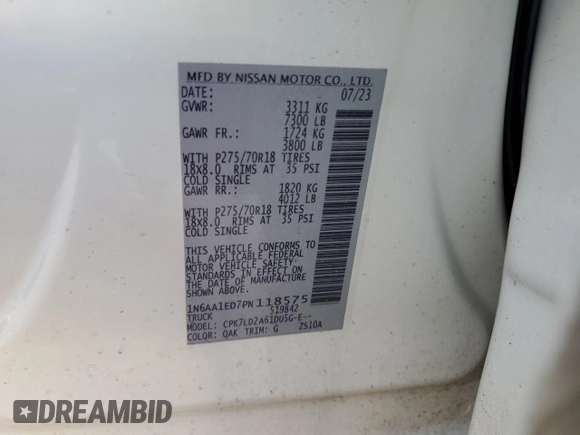 2023 Nissan Titan SV z VIN 1N6AA1ED7PN118575, wystawiony jako Copart lot #77127554 z przebiegiem 16 630 mil mil oraz Szkoda całkowita • Salvage title. Historia ofert i sprzedaży dostępna na DreamBid. Obrazek 12.