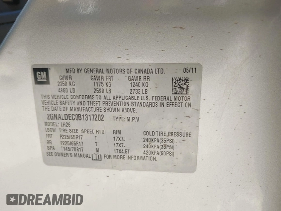 2011 Chevrolet Equinox LT w/1LT with VIN 2GNALDEC0B1317202, listed as a IAAI auction lot 41270716 with 201,646 mi miles. Bid and sale history available at carsss.com. Image 9.