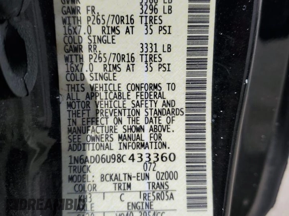 2008 Nissan Frontier SE z VIN 1N6AD06U98C433360, wystawiony jako Copart lot #51749535 z przebiegiem 174 798 mil mil oraz Nie do naprawy • Non repairable. Historia ofert i sprzedaży dostępna na DreamBid. Obrazek 12.