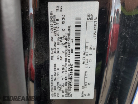 2022 Ford F-250 XL with VIN 1FT7X2BN9NEE86347, listed as a Copart auction lot 83676374 with 51,546 mi miles and Salvage Title. Bid and sale history available at DreamBid. Image 12.
