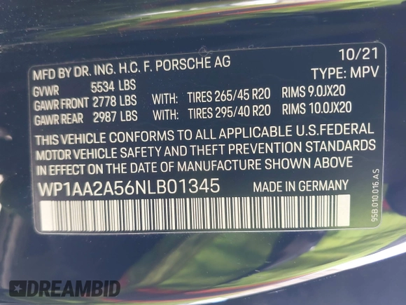 2022 Porsche Macan with VIN WP1AA2A56NLB01345, listed as a IAAI auction lot 41575471 with 22,445 mi miles. Bid and sale history available at carsss.com. Image 9.