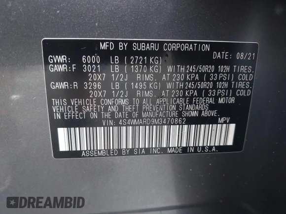 2021 Subaru Ascent Touring с VIN 4S4WMARD9M3470862, выставлен на аукционе IAAI как лот 42498195 с пробегом 28 195 миль миль и . История ставок и продаж доступна на DreamBid. Изображение 9.