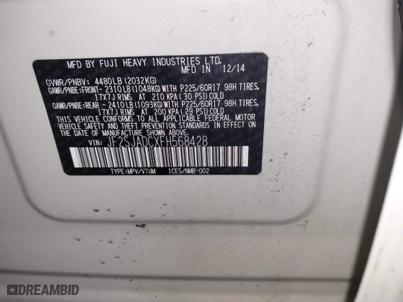 2015 Subaru Forester 2.5i Premium with VIN JF2SJADCXFH568428, listed as a IAAI auction lot 41876284 with 138,864 mi miles. Bid and sale history available at carsss.com. Image 9.