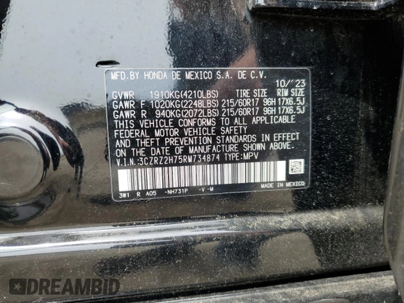2024 Honda HR-V EX-L with VIN 3CZRZ2H75RM734874, listed as a Copart auction lot 58406715 with 12,331 mi miles and Salvage title. Bid and sale history available at DreamBid. Image 13.