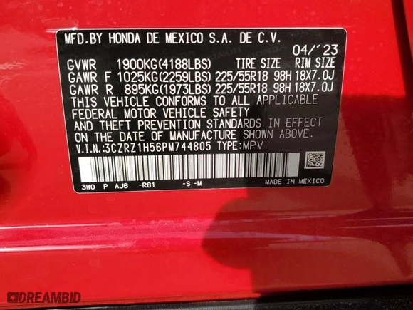 2023 Honda HR-V Sport with VIN 3CZRZ1H56PM744805, listed as a Copart auction lot 80766814 with 27,051 mi miles and Salvage Title. Bid and sale history available at carsss.com. Image 14.
