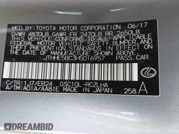 2017 Lexus RC 350 z VIN JTHHE5BC3H5016957, wystawiony jako IAAI lot #41190649 z przebiegiem 71 401 mil mil oraz . Historia ofert i sprzedaży dostępna na DreamBid. Obrazek 9.