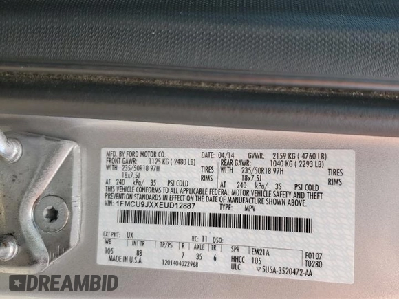 2014 Ford Escape Titanium with VIN 1FMCU9JXXEUD12887, listed as a Copart auction lot 53915035 with 95,679 mi miles and Salvage Title. Bid and sale history available at carsss.com. Image 13.