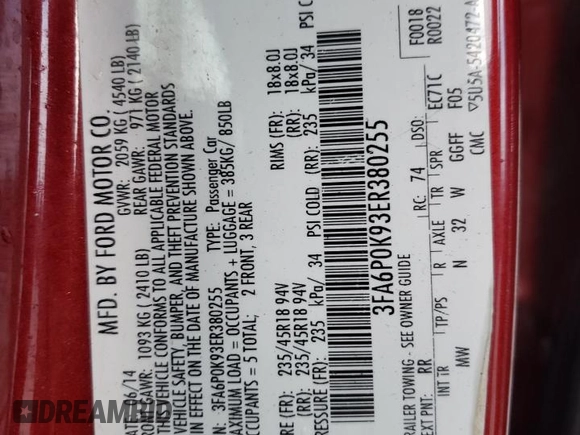 2014 Ford Fusion Titanium with VIN 3FA6P0K93ER380255, listed as a Copart auction lot 44349395 with 175,562 mi miles and Salvage Title. Bid and sale history available at DreamBid. Image 12.