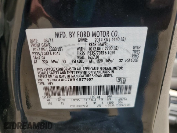 2011 Ford Escape XLS z VIN 1FMCU0C78BKB77957, wystawiony jako Copart lot #63610285 z przebiegiem 180 578 mil mil oraz Czysty tytuł • Clean title. Historia ofert i sprzedaży dostępna na DreamBid. Obrazek 13.